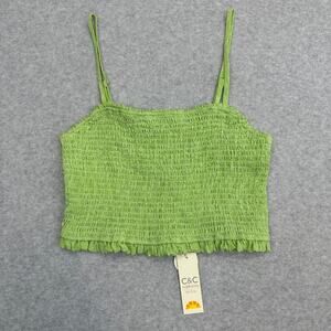 C&C California Smocked Crop Top Womens M Green Square Neck 100% Linen Slim Fit